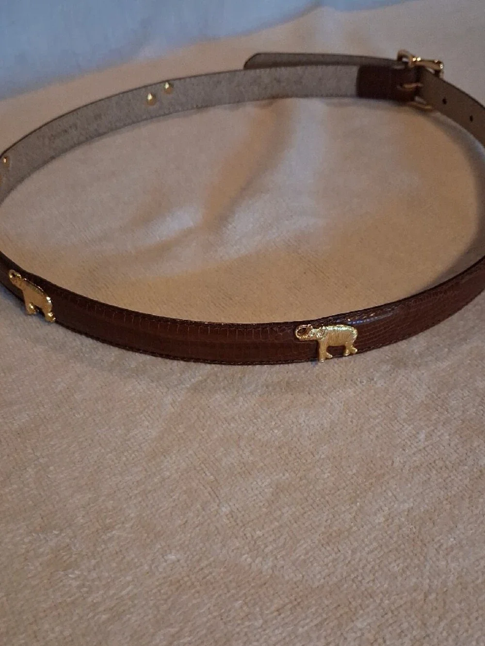 Kim Rogers Brown Leather Belt with Gold Buckle And Elephants